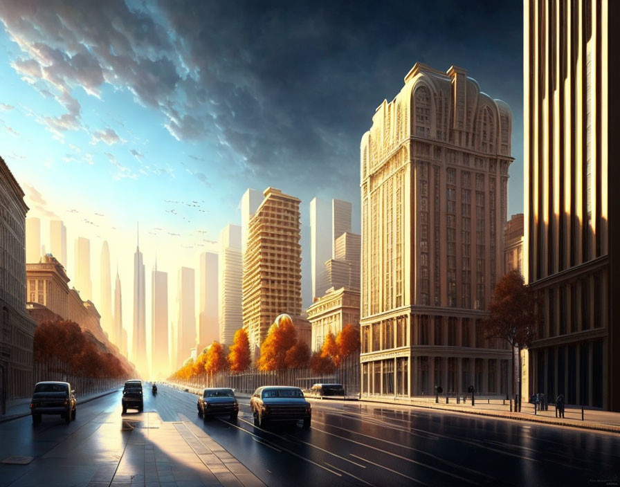 Futuristic sunlit cityscape with stylized skyscrapers and serene ambiance