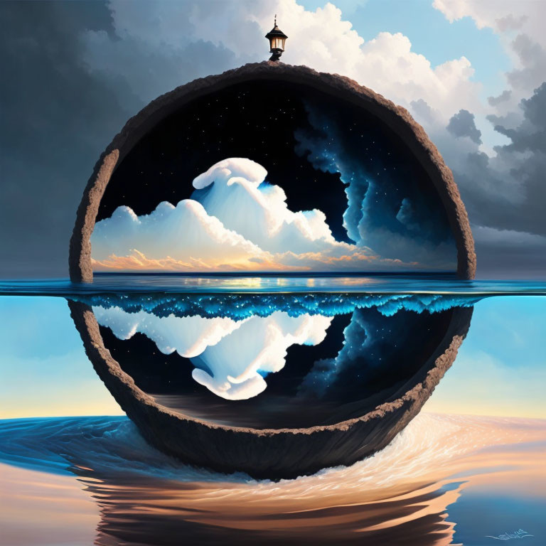 Circular surreal seascape with reflected clouds, calm sea, lighthouse, twilight sky.