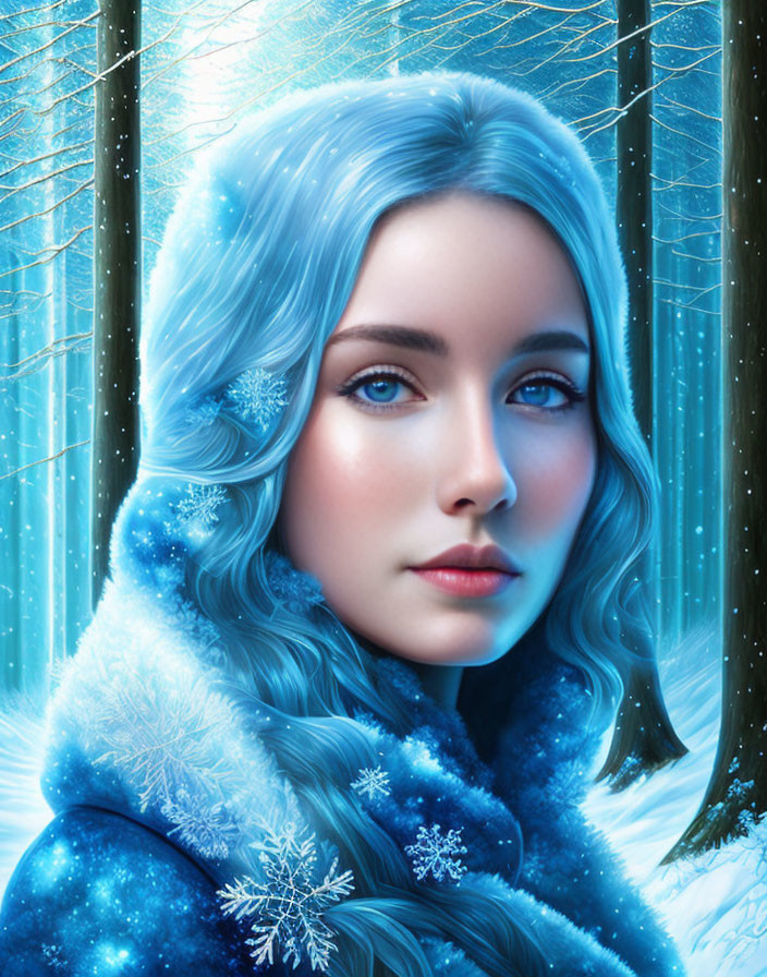 Digital artwork: Woman with pale blue hair and eyes in snowy forest