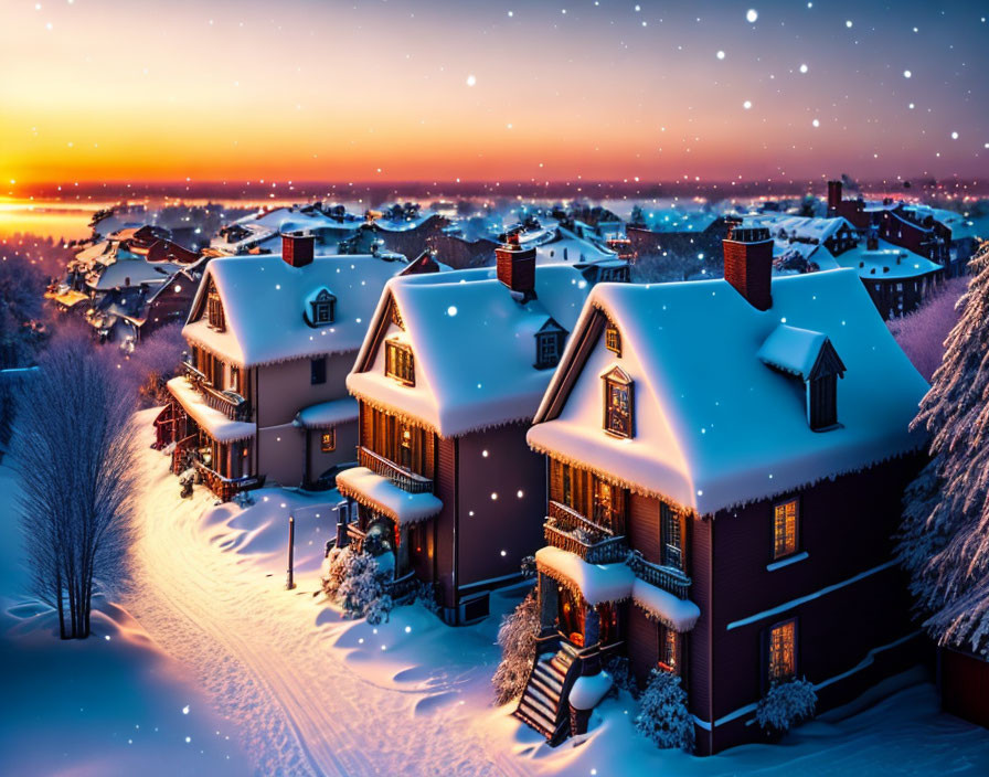 Winter village with snow-covered houses at dusk and starry sky.