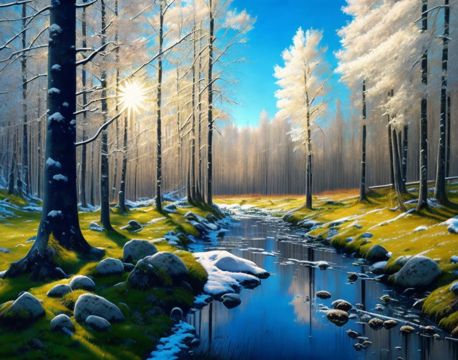 Winter forest scene: sunlight through tall trees, long shadows on snowy ground, meandering stream.