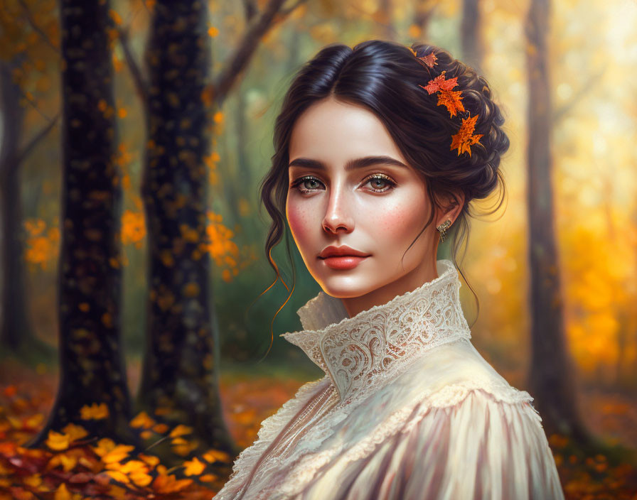 Dark-haired woman in vintage dress among autumn forest with green eyes.