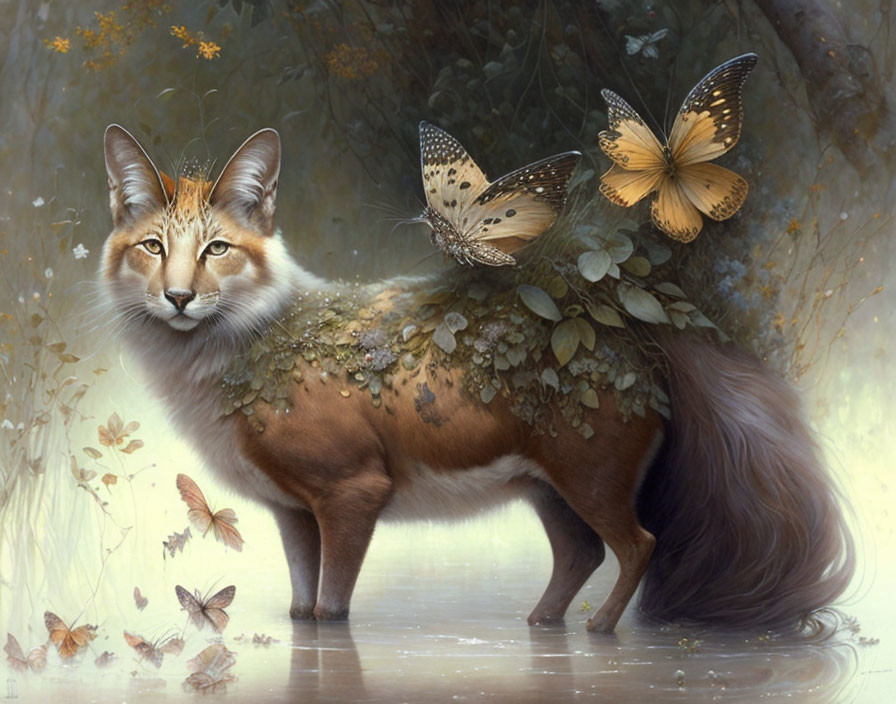 Ethereal fox with foliage and butterflies in mystical forest