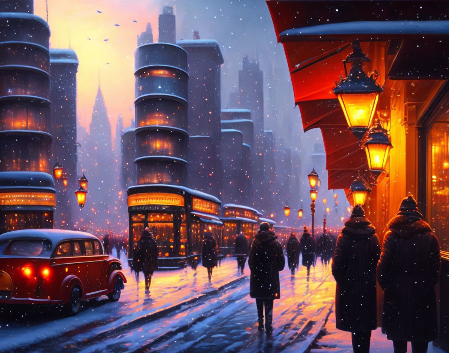 Pedestrians, classic car, bus, retro-futuristic buildings in snowy city scene