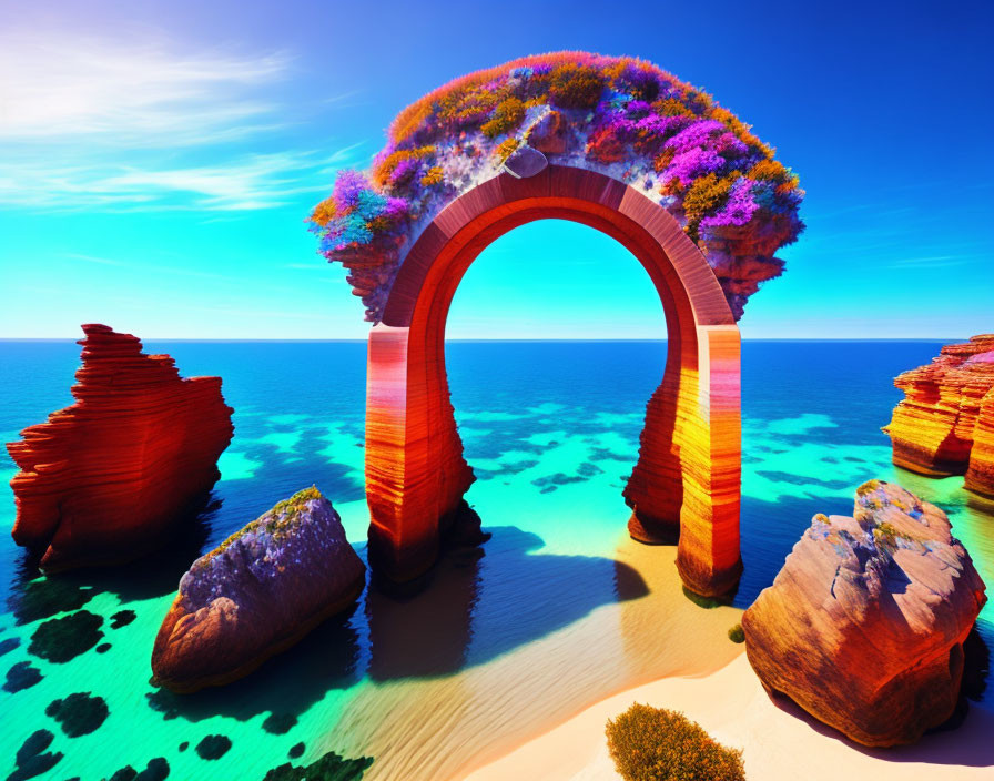 Surreal digital artwork: vibrant archway, lush flowers, ocean view