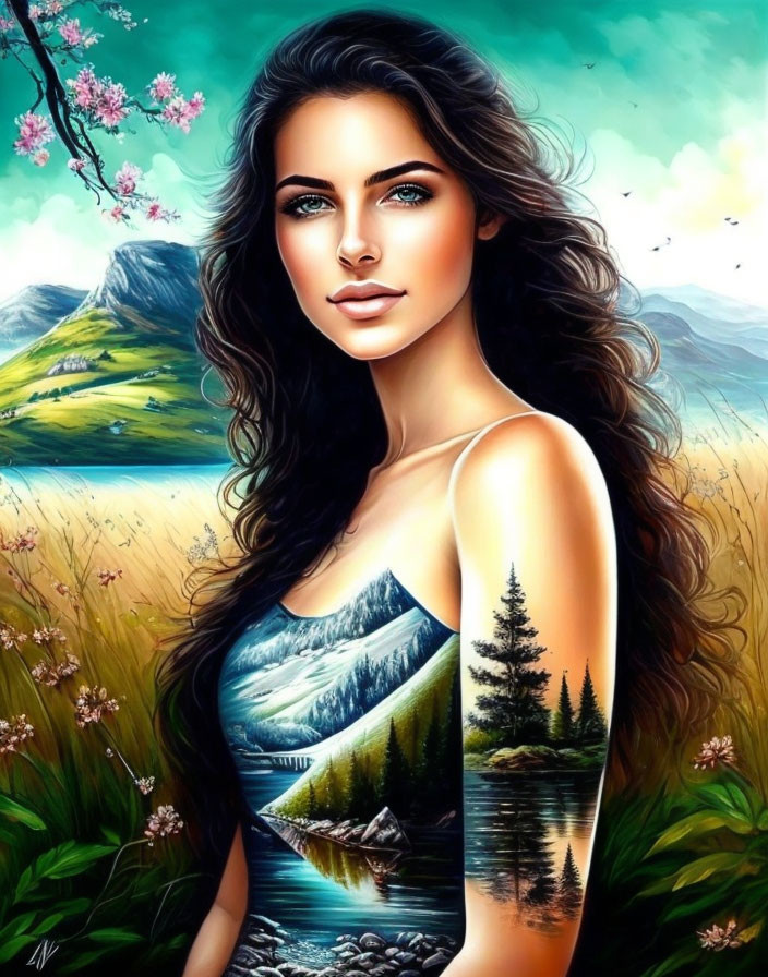 Woman blending into vibrant landscape with mountains, forests, lakes, and cherry blossoms