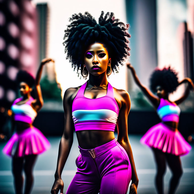 Confident woman with striking afro in pink and purple sporty attire.