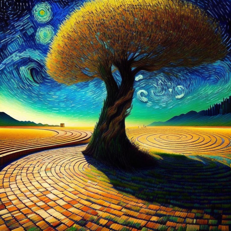 Colorful Starry Sky Painting with Solitary Tree & Textured Ground