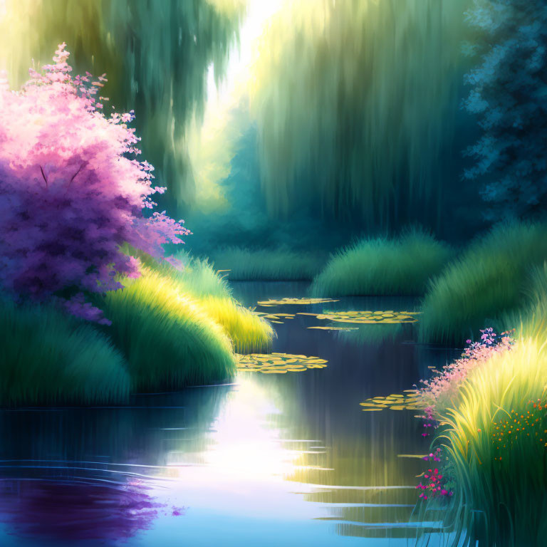 Tranquil forest scene with stream, lily pads, greenery, colorful flora