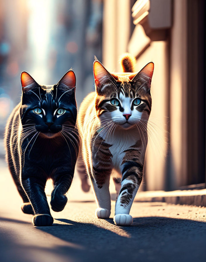 Two Cats Walking Together on Sunny Street