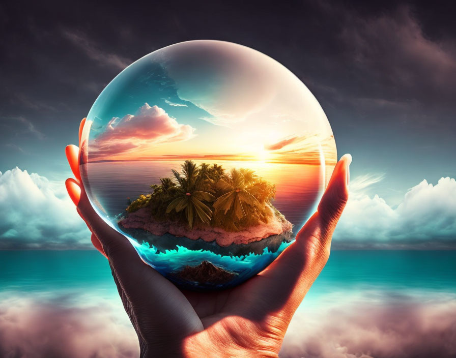 Hands holding crystal ball with tropical island sunset