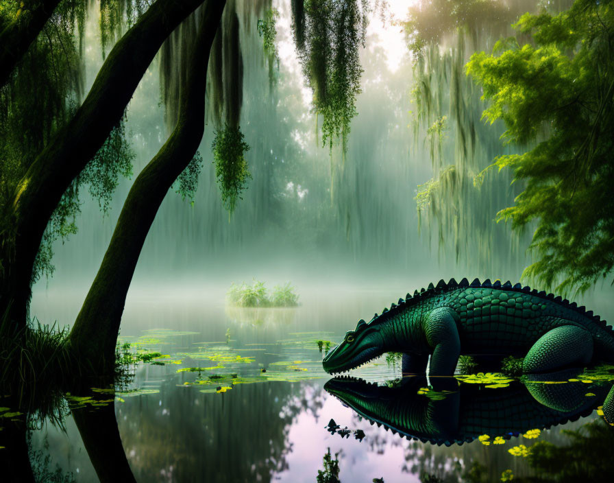 Alligator resting in misty wetlands with hanging moss and greenery