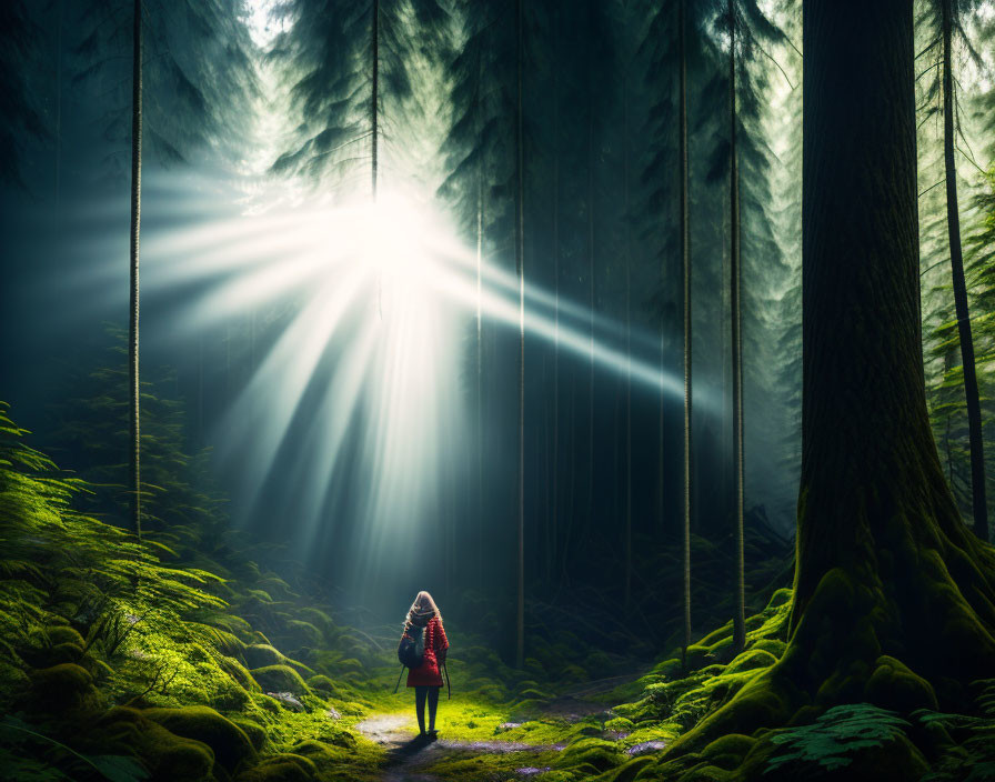 Person with red backpack walking on forest path with sunbeams.