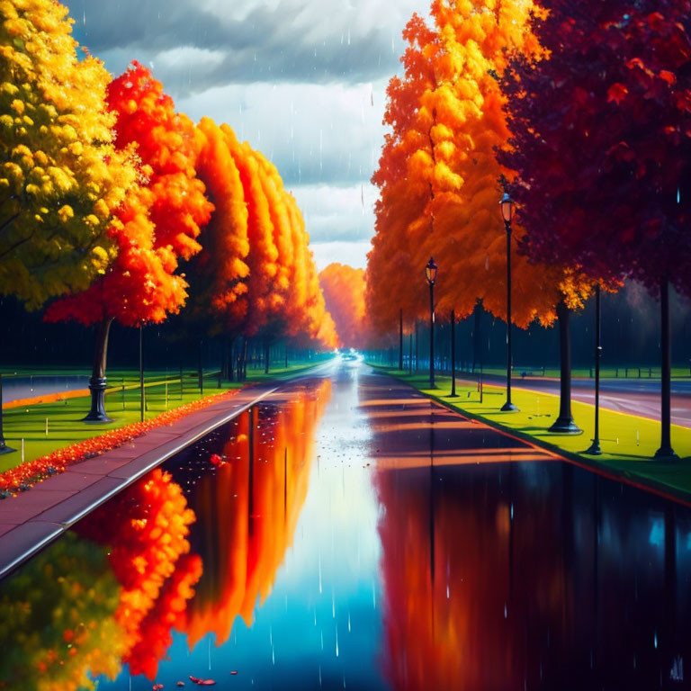 Digital artwork: Tree-lined road with autumn colors reflecting in rain.