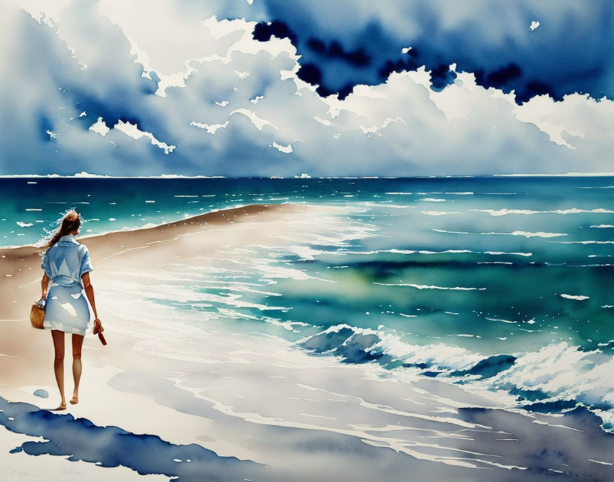 Woman on Sandy Beach Looking at Turquoise Sea Under Cloudy Sky