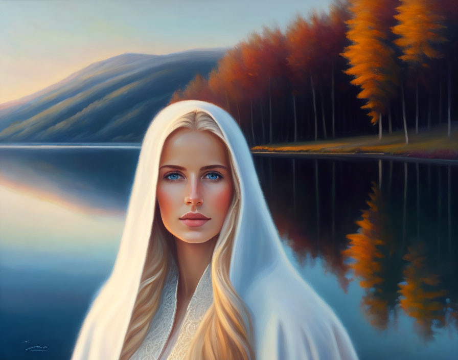 Serene woman in white cloak with blue eyes by autumnal lakeside