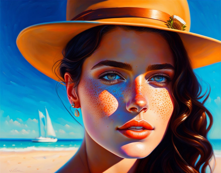 Portrait of woman with olive skin and freckles in straw hat by beach and sailboat