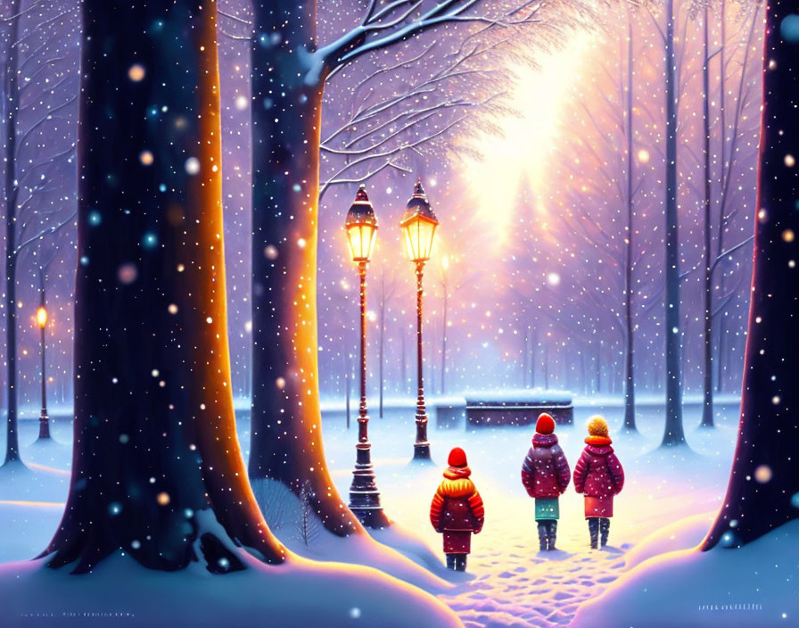 Children in colorful winter attire walking towards glowing light in snow-covered magical scene