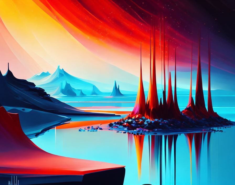 Colorful alien landscape: red peaks, blue river, orange skies.