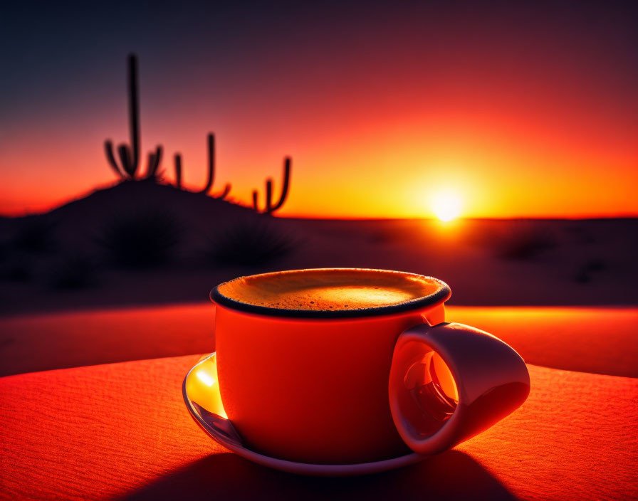 Steaming cup of coffee on red surface with desert sunset and cactus silhouette.