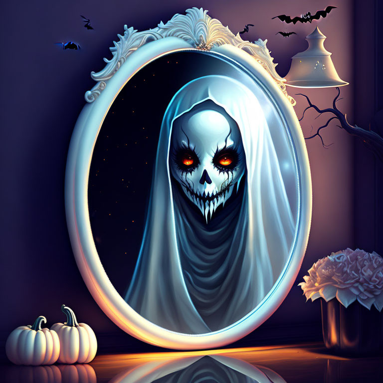 Grim reaper with red eyes in mirror among Halloween symbols