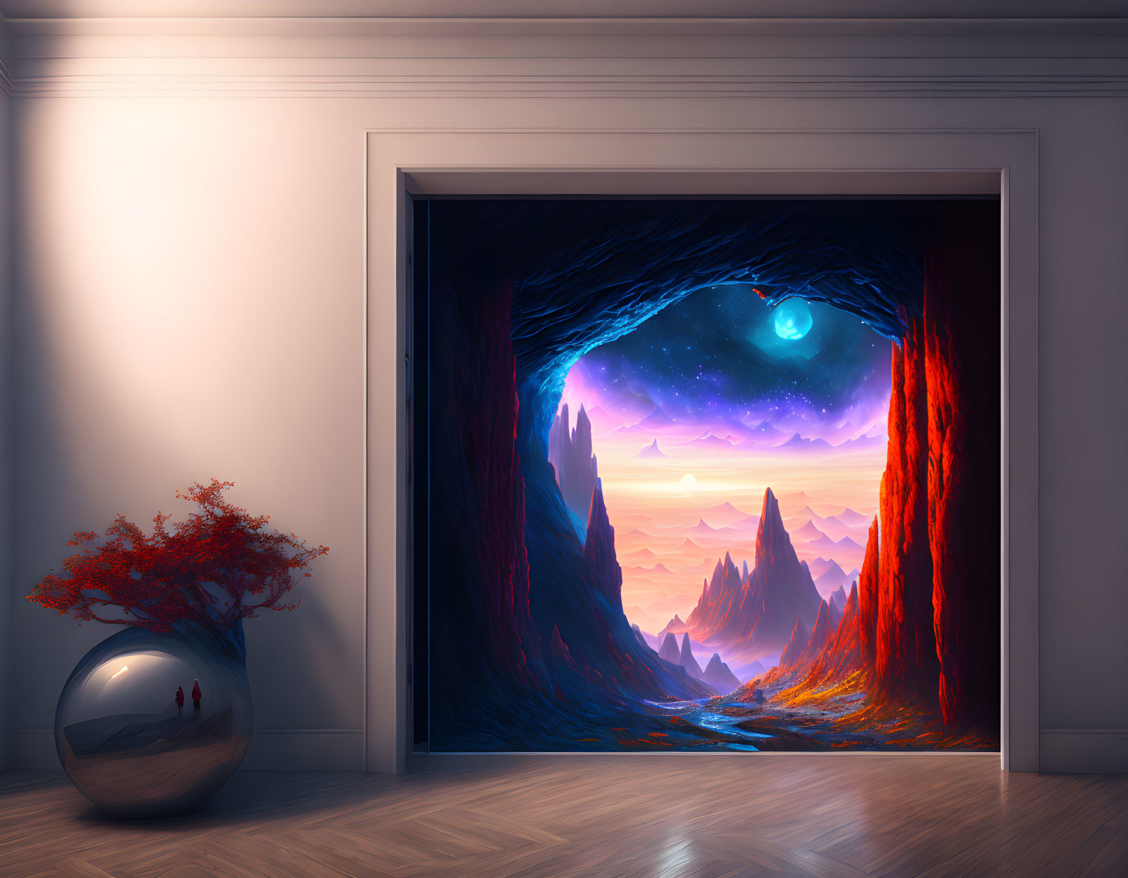 Surreal room with doorway to fantastical landscape and reflective orb