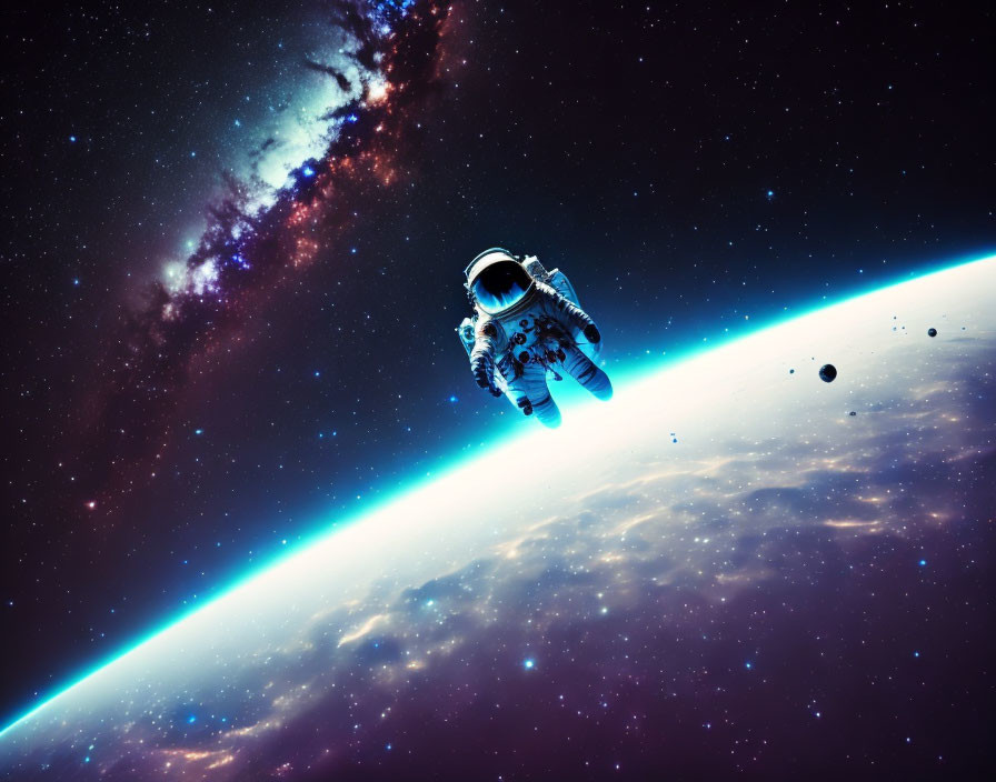 Astronaut floating in space above Earth's horizon with stars and galaxy backdrop