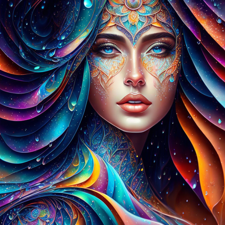 Colorful digital portrait of a woman with cosmic makeup and jewels in starry setting