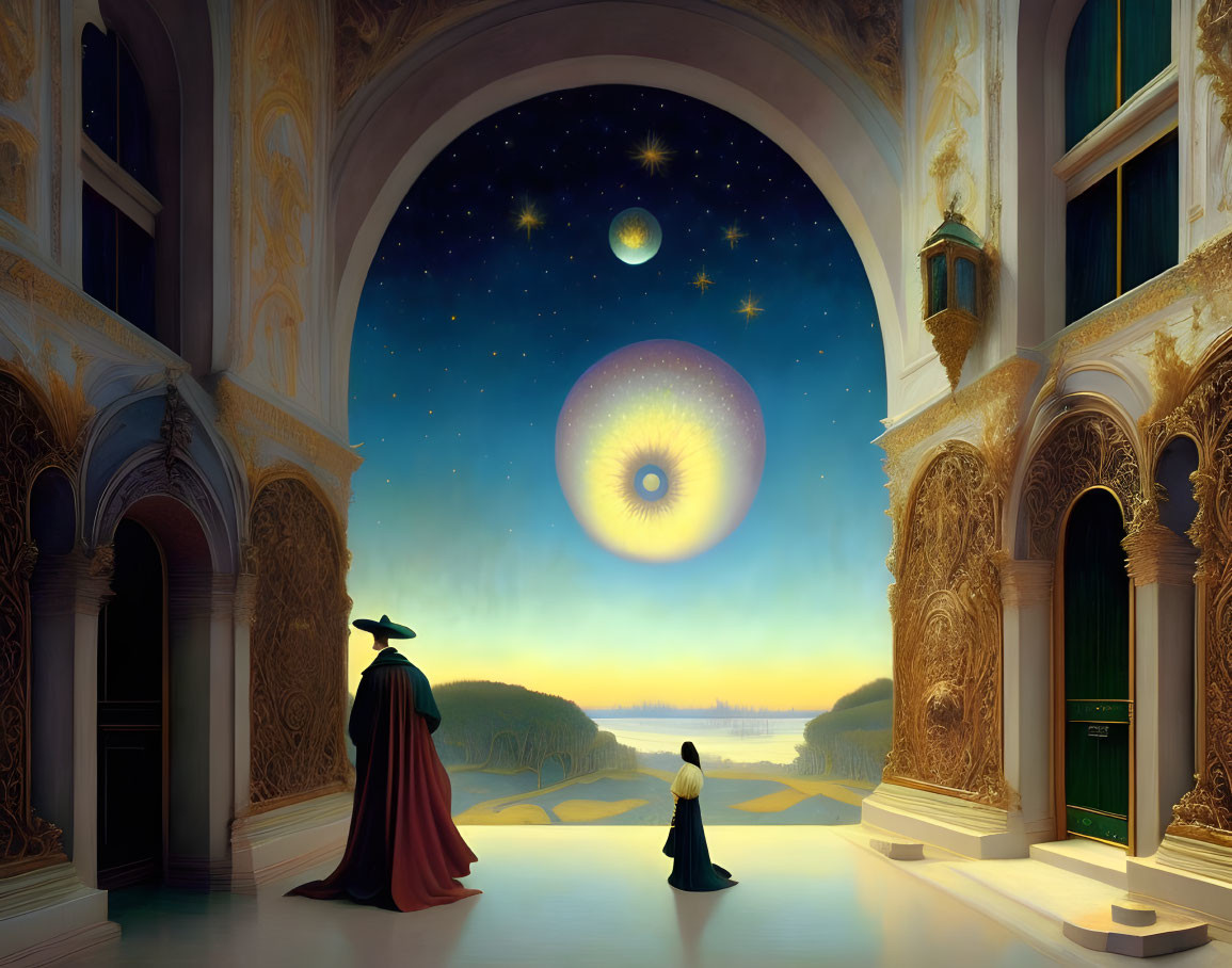 Cloaked figures in ornate hallway with surreal landscape view