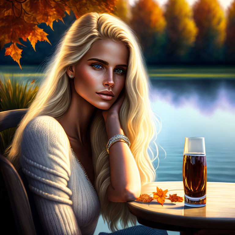 Blond Woman with Blue Eyes by Lake and Autumn Leaves