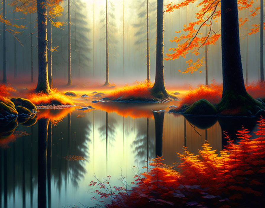 Tranquil autumn forest scene with orange leaves, mist, and sunlight reflections