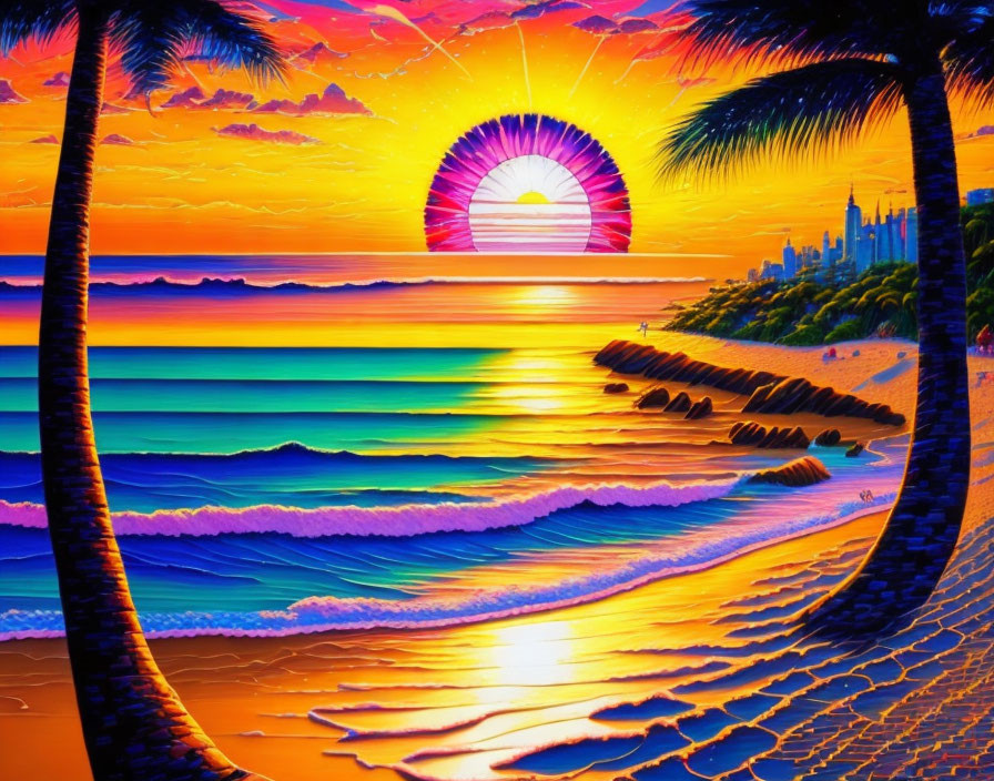 Colorful sunset beach scene with palm trees and city skyline silhouette