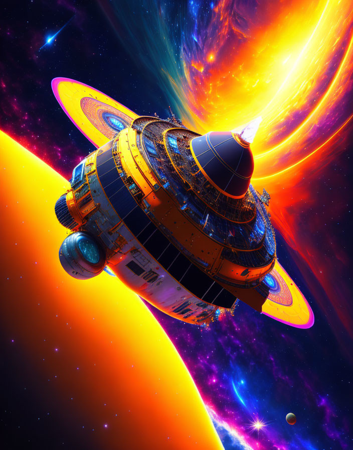 Detailed digital artwork: Spaceship in vibrant space scene