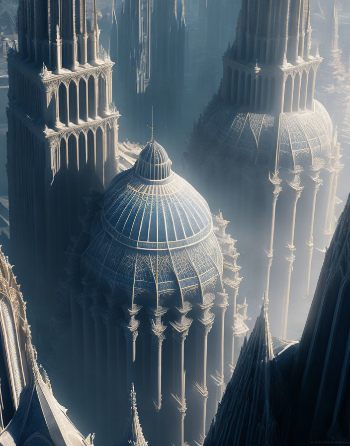 Gothic spires and domed structure in fantasy cityscape