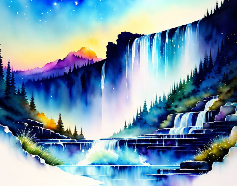 Majestic waterfall painting with cascades in lush greenery