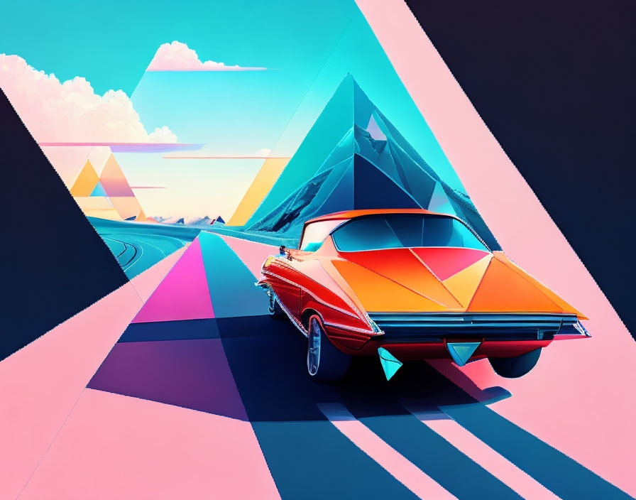 Colorful retro illustration of classic car in surreal landscape