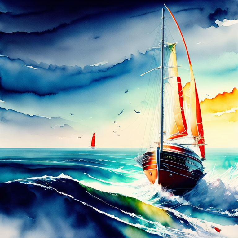 Colorful watercolor painting of red-sailed yacht on stormy sea with sun breaking through clouds