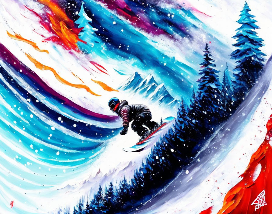 Snowboarder in action among snow-covered trees with red and blue streaked skies