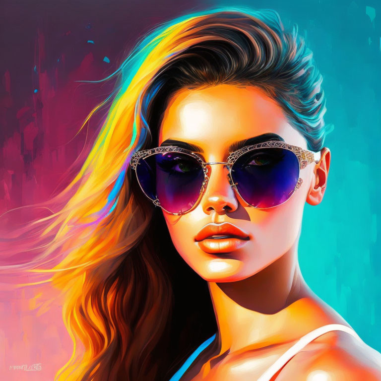 Colorful digital portrait of a woman with flowing hair and sunglasses