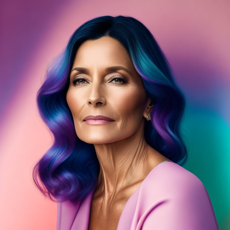 Multicolored background with woman in pink blazer and blue-purple hair