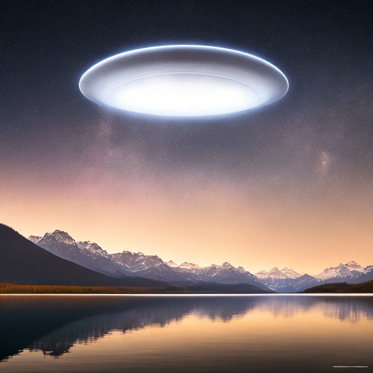 Unidentified Flying Object over mountain lake at twilight