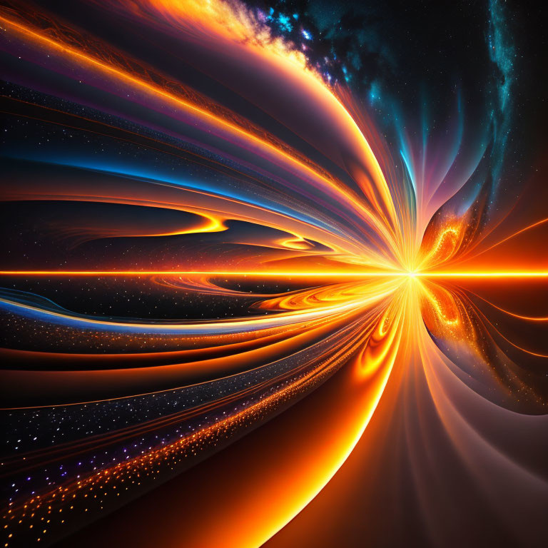 Colorful digital art: Cosmic scene with orange and blue swirls and bright celestial light.