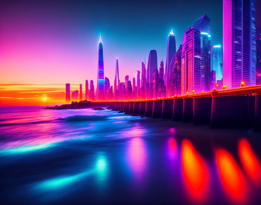 Colorful city skyline at sunset with neon lights and ocean waves