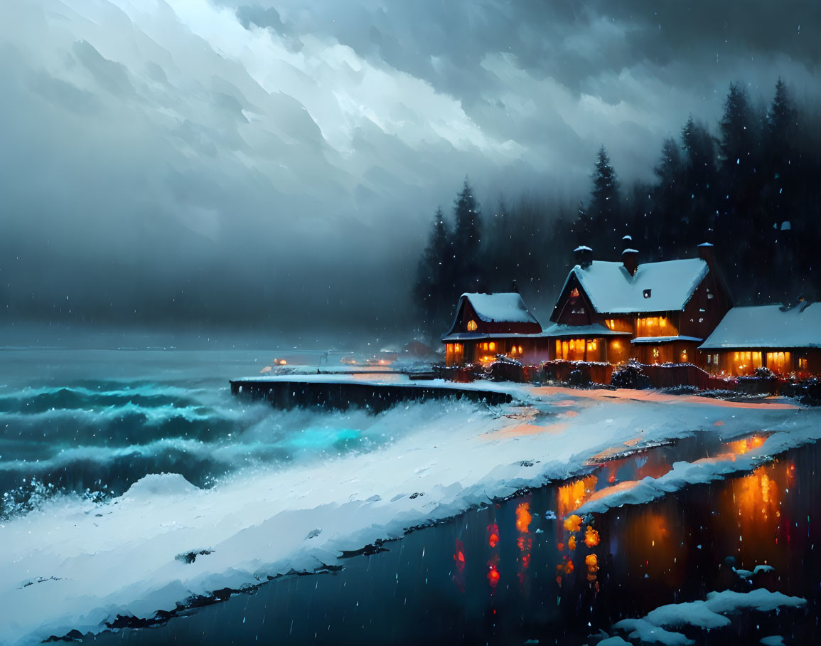 Snowy lakeside cabins illuminated at night with cloudy sky and falling snowflakes