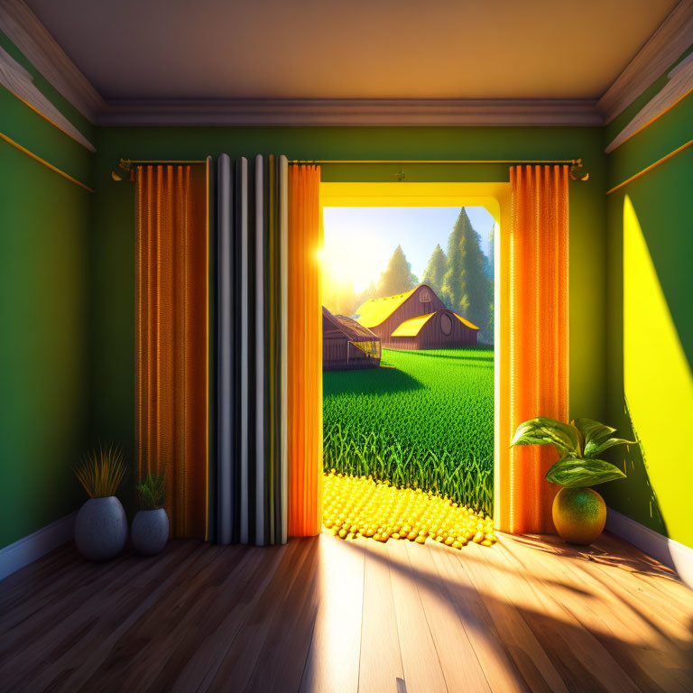 Vibrant room with green walls and yellow curtains framing rural landscape