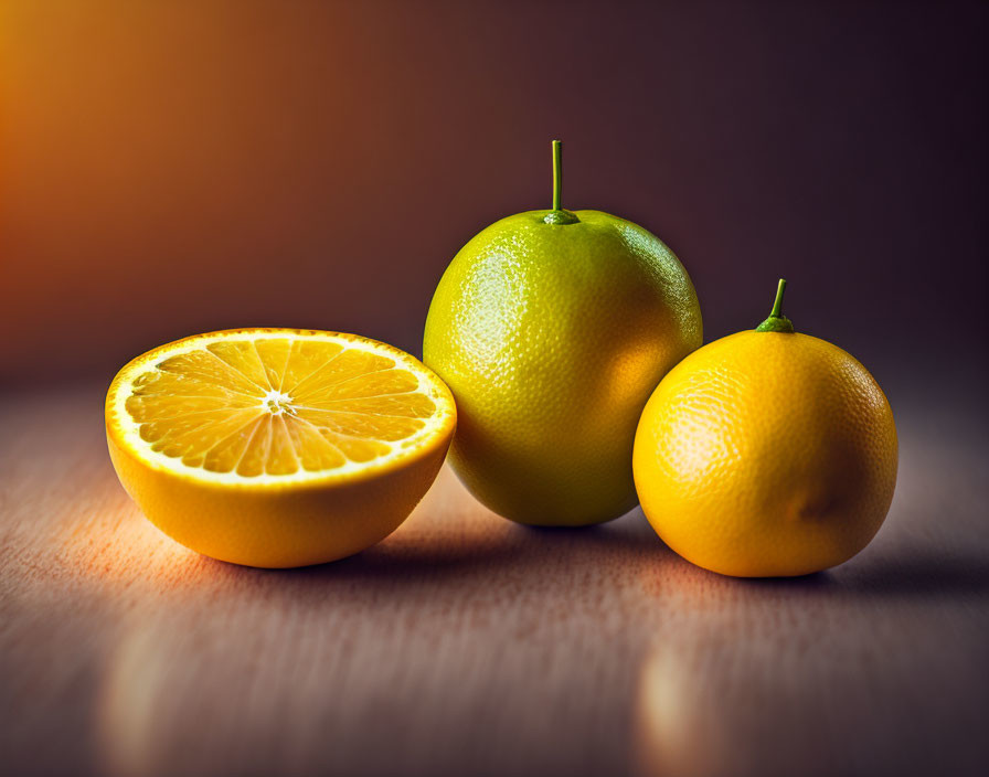 Halved Orange and Citrus Fruits on Wooden Surface