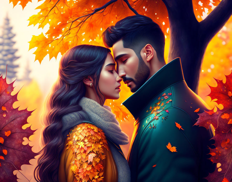 Romantic couple digital illustration with autumn leaves