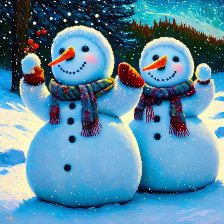 Two Snowmen in Winter Landscape with Evergreens and Twilight Sky