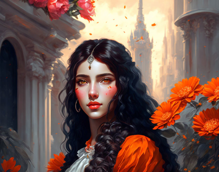 Dark-haired woman with headpiece in orange flower setting near fantasy castle