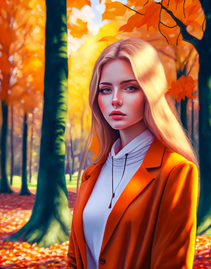 Blonde woman in orange coat amid autumn forest